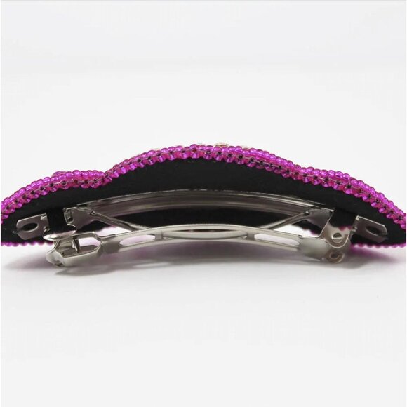 Fuchsia Beaded Hair Barrette, Handcrafted Bead Embroidery with Backing & Accent - Picture 3 of 3